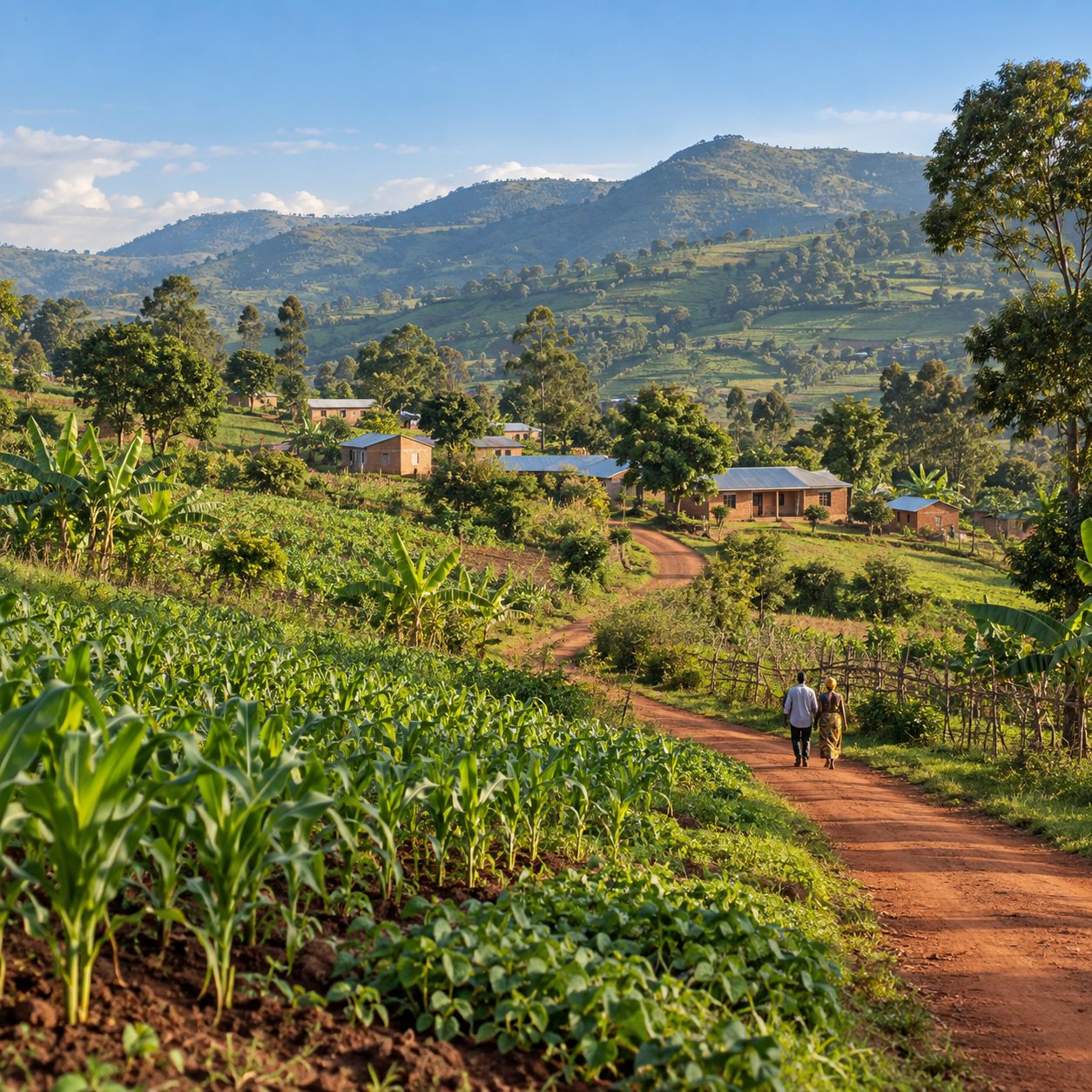 AI-generated illustration of cultivated fields and a rural community among green hills